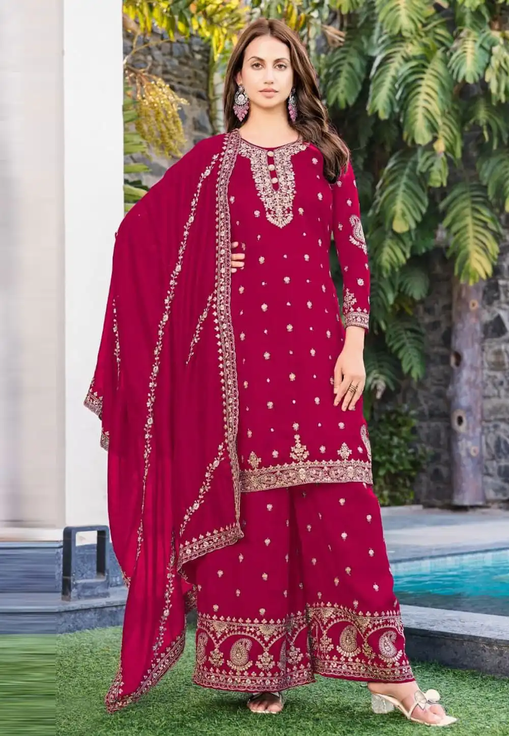 Magenta Chinon Palazzo Suit 327522