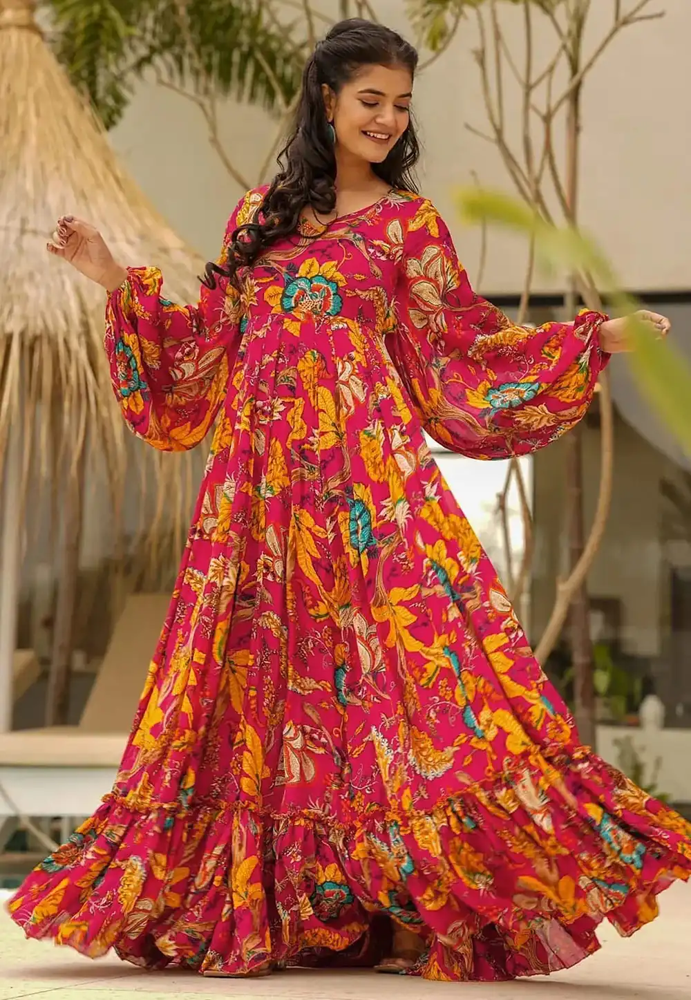 Magenta Chinon Printed Gown 313593