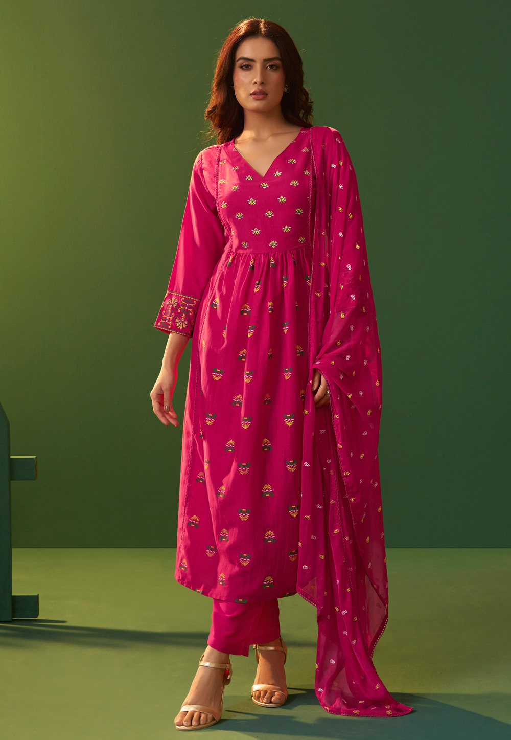 Magenta Chinon Readymade Anarkali Suit 321830