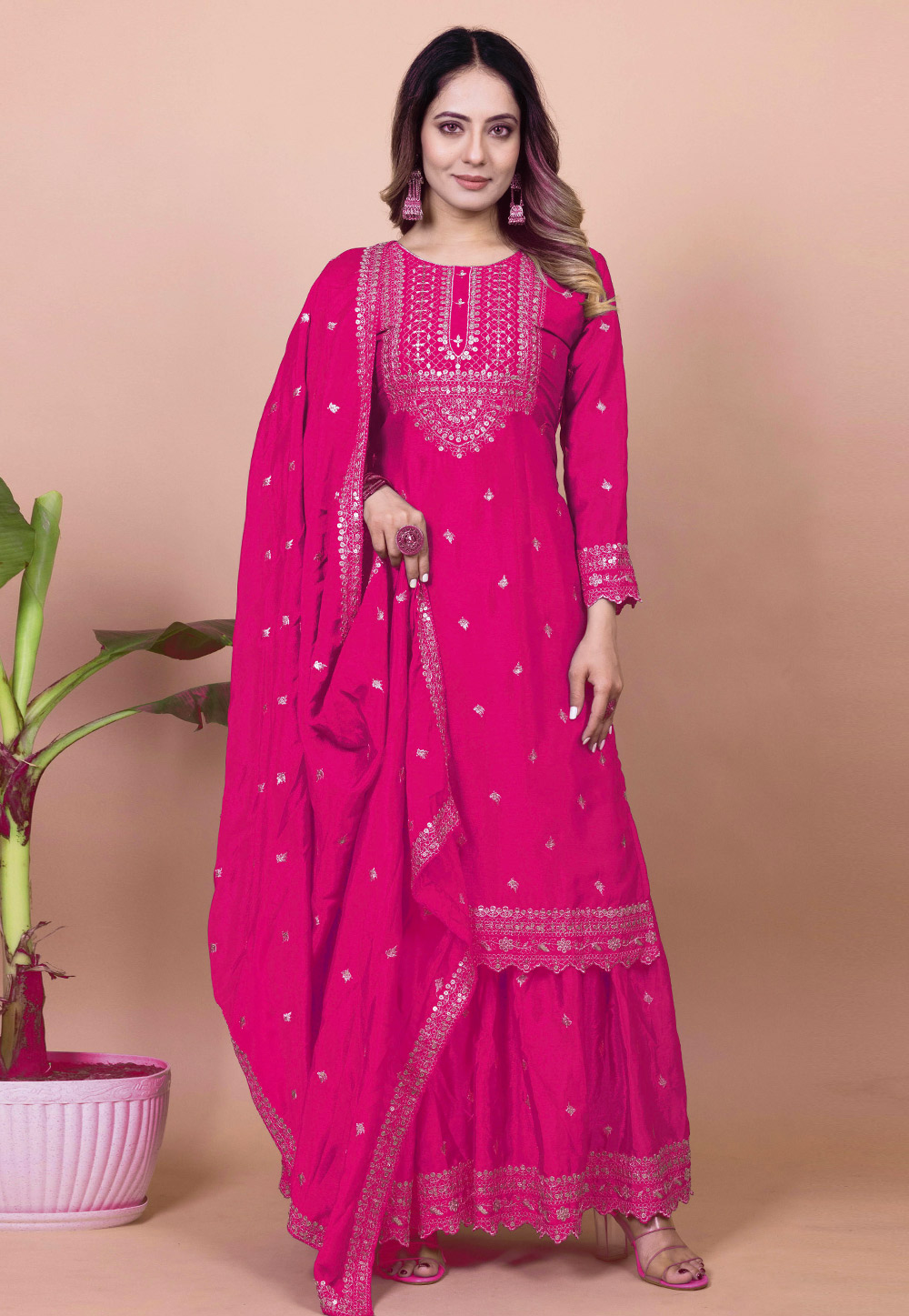 Magenta Chinon Readymade Gharara Suit 310977