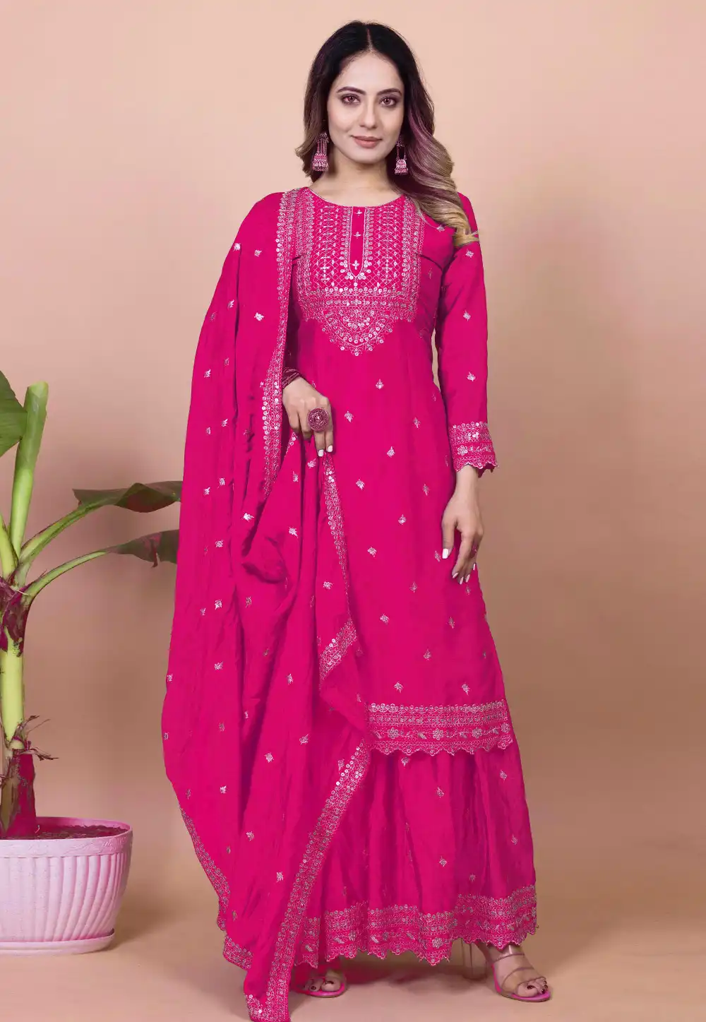 Magenta Chinon Readymade Gharara Suit 310977