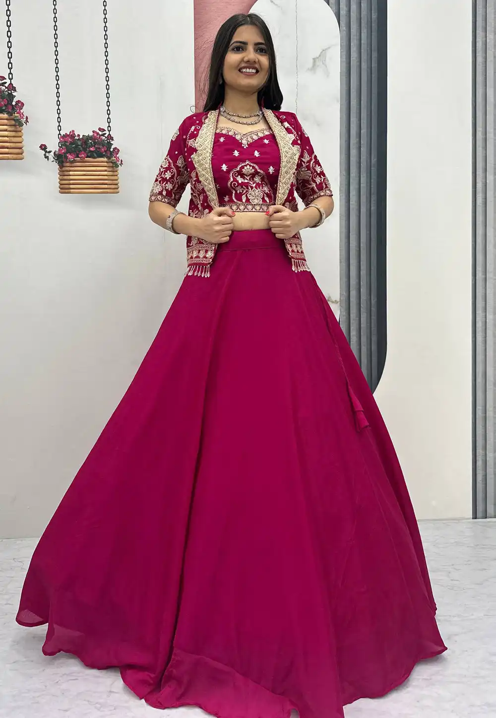 Magenta Chinon Readymade Indo Western Lehenga Choli 325981