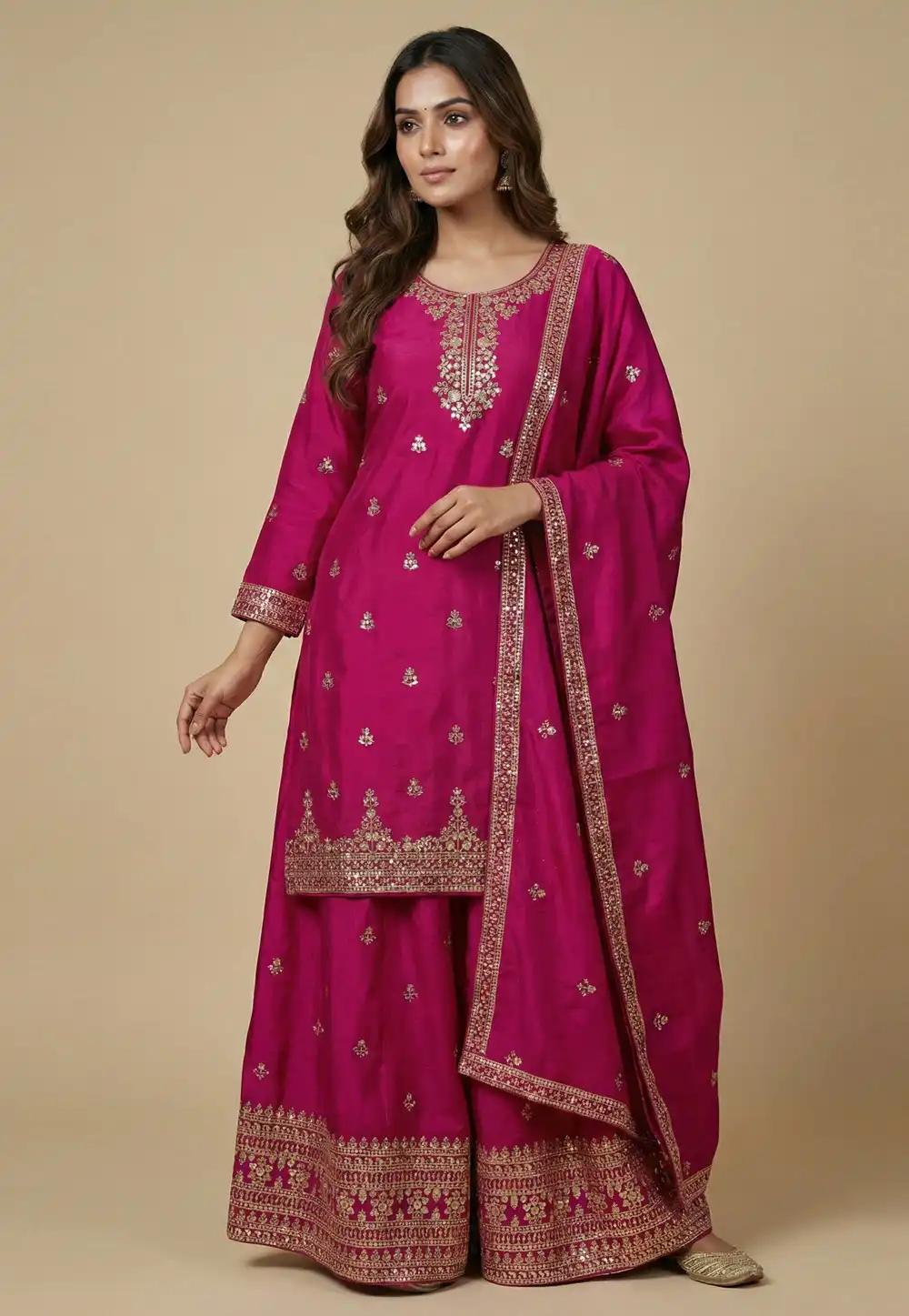 Magenta Chinon Readymade Pakistani Suit 323857