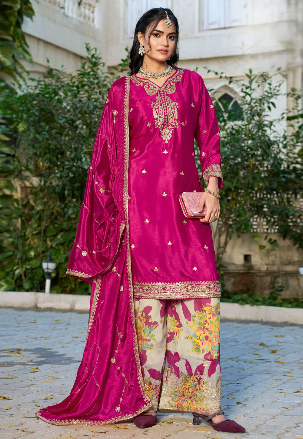 Magenta Chinon Readymade Pakistani Suit 328204