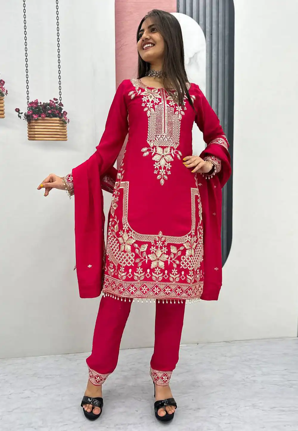 Magenta Chinon Readymade Pakistani Suit 321460