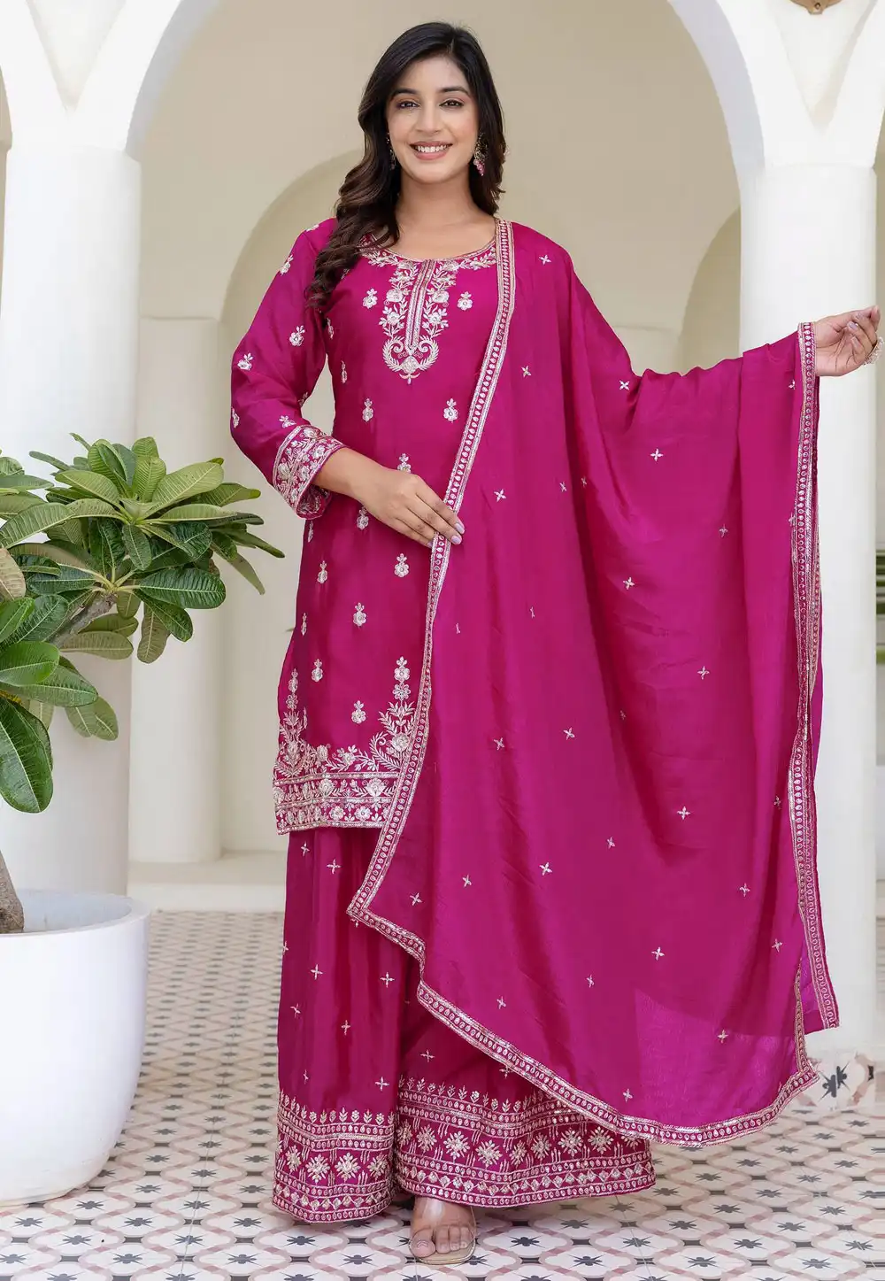 Magenta Chinon Readymade Pakistani Suit 315853