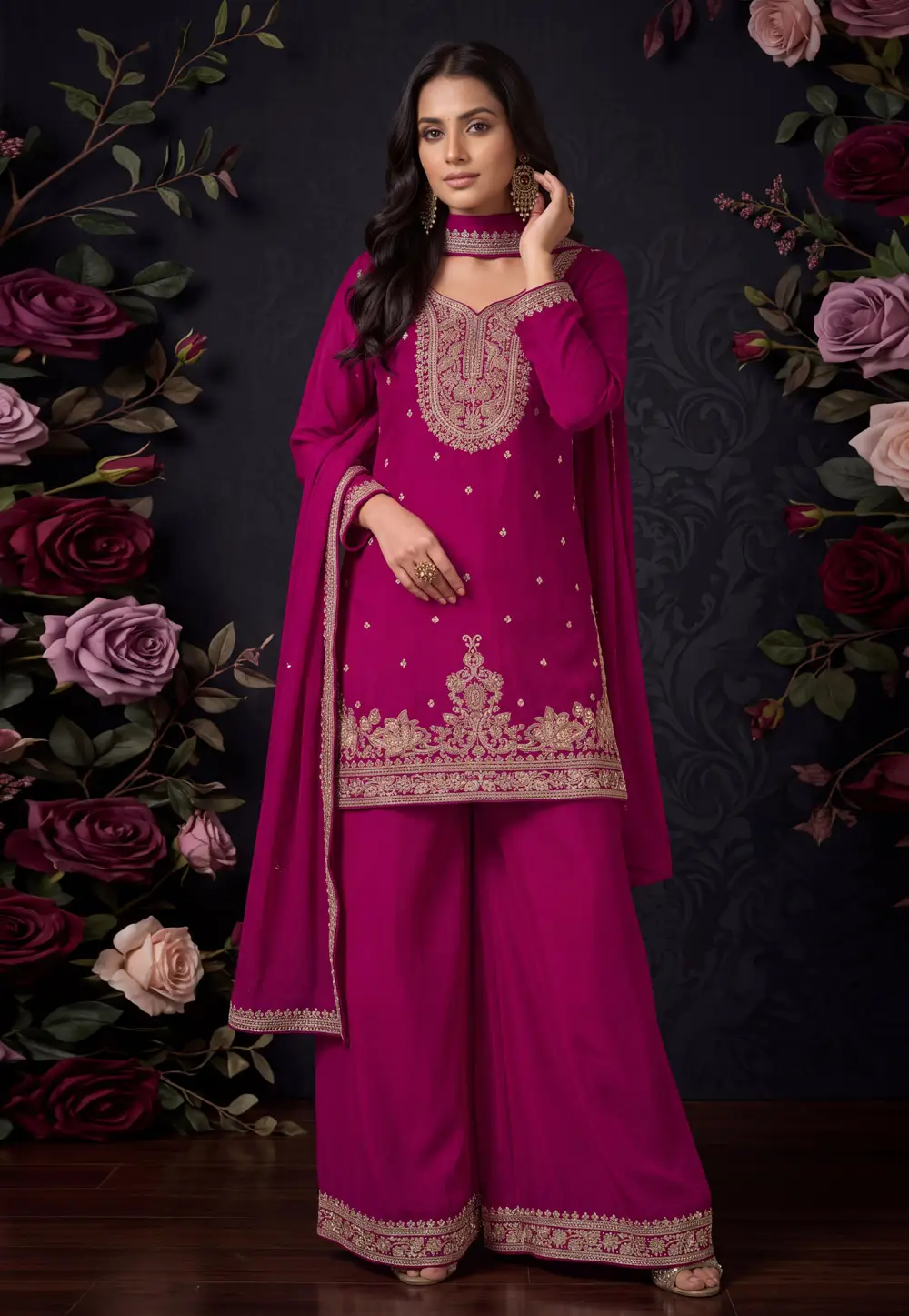 Magenta Chinon Readymade Pakistani Suit 337257