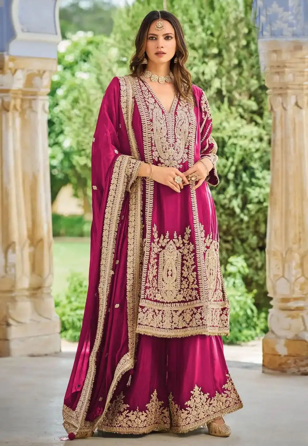 Magenta Chinon Readymade Palazzo Suit 332637