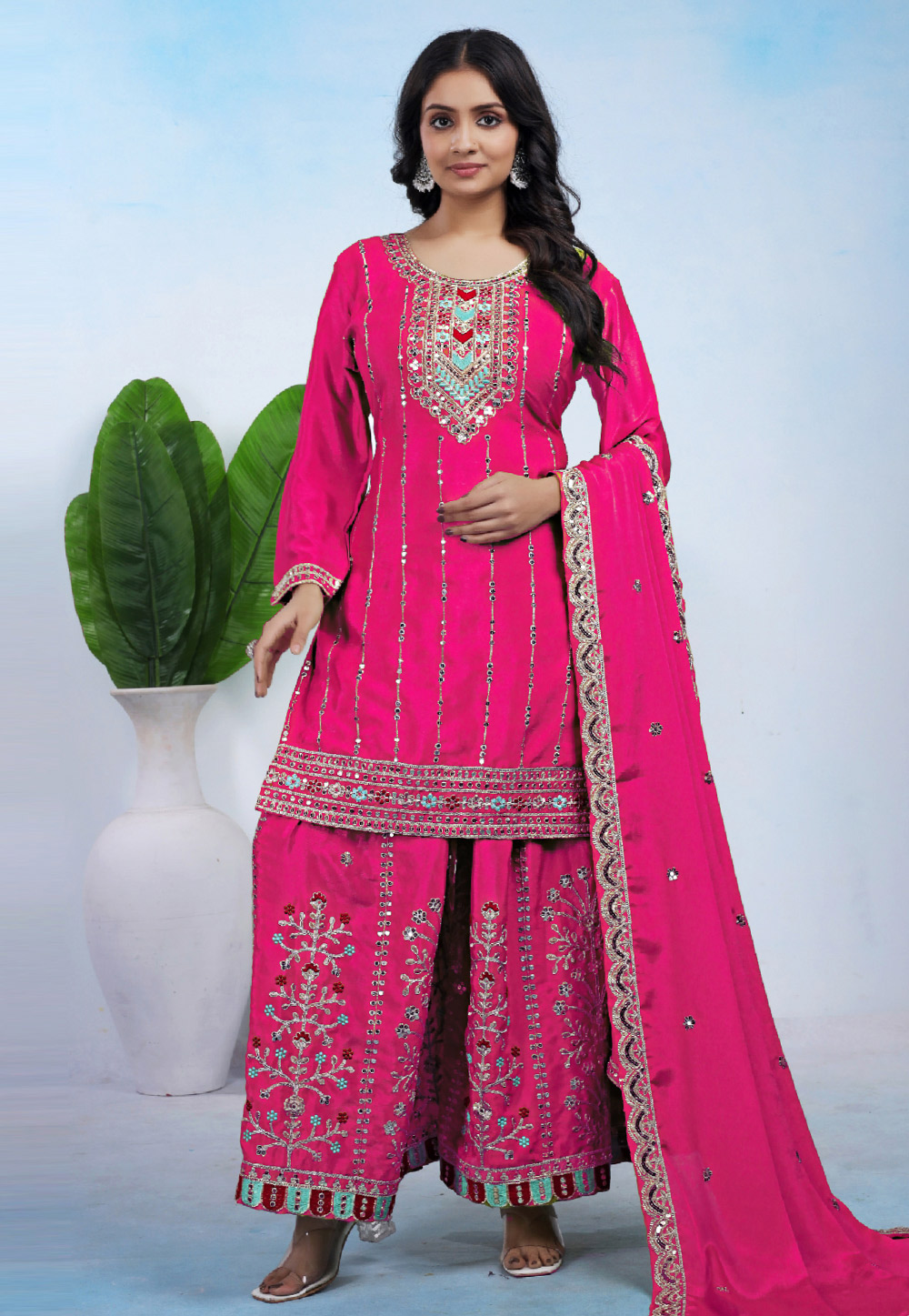 Magenta Chinon Readymade Palazzo Suit 321905