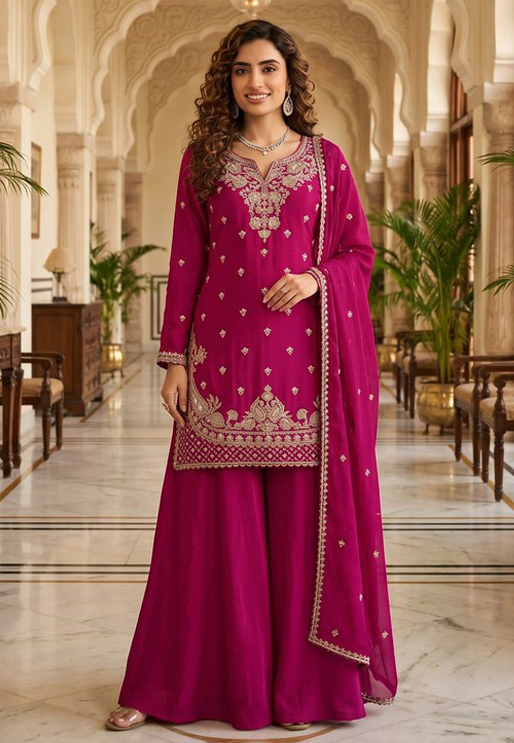 Magenta Chinon Readymade Palazzo Suit 328917