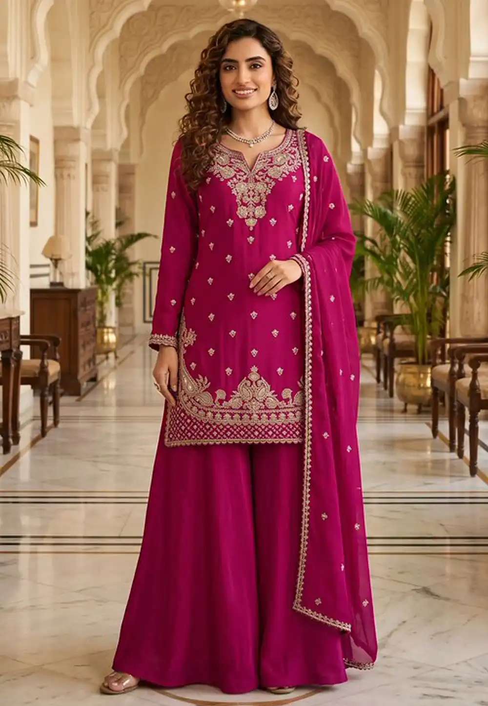Magenta Chinon Readymade Palazzo Suit 328917