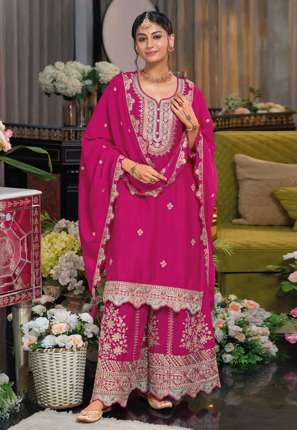Magenta Chinon Readymade Palazzo Suit 295164