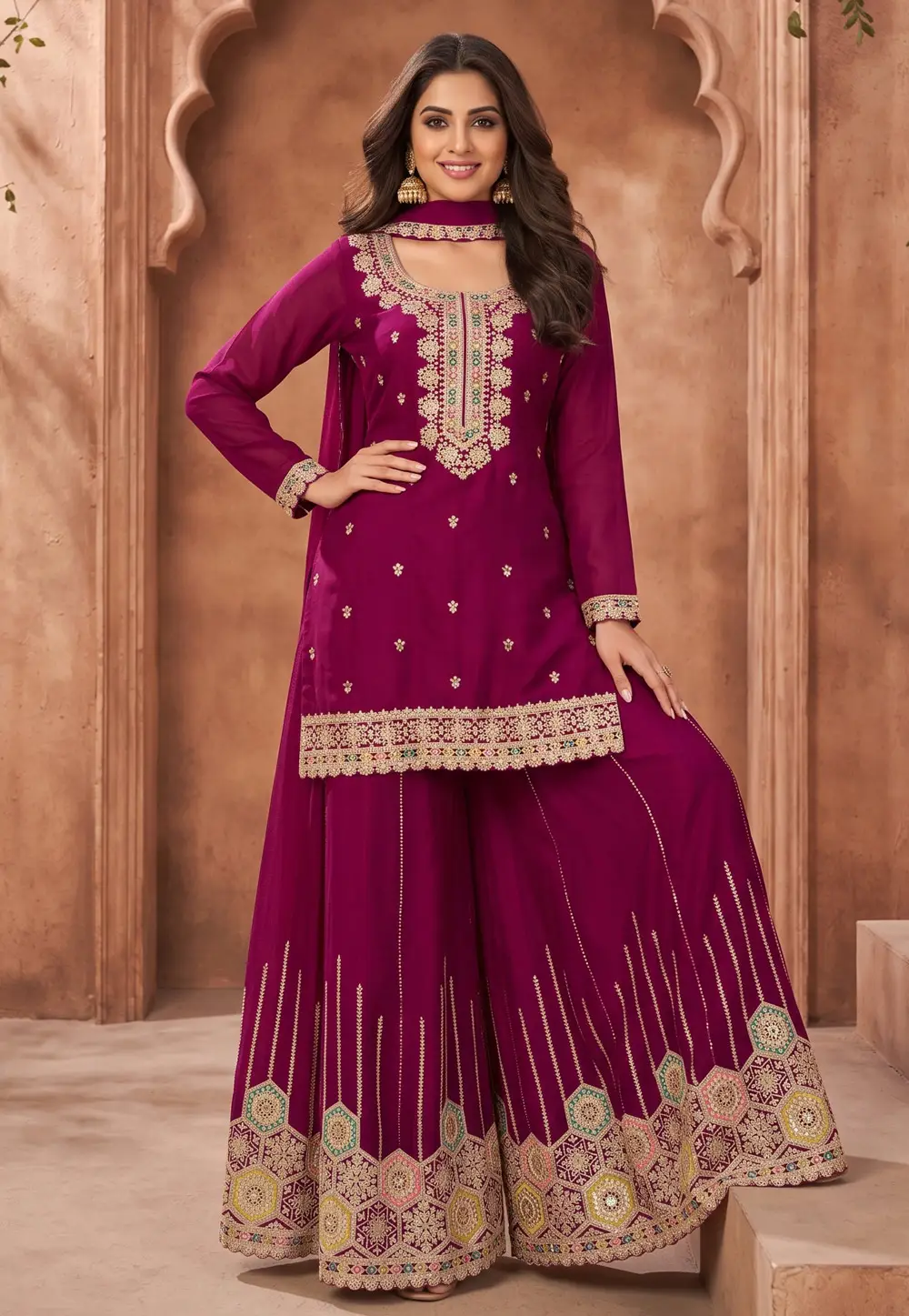 Magenta Chinon Readymade Palazzo Suit 332626