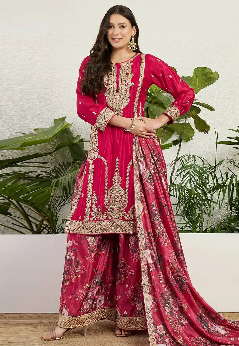 Magenta Chinon Readymade Palazzo Suit 330673