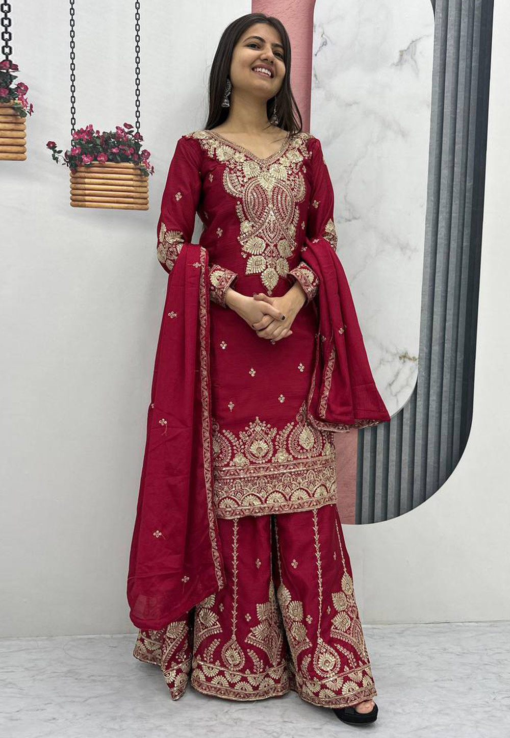 Magenta Chinon Readymade Palazzo Suit 328904