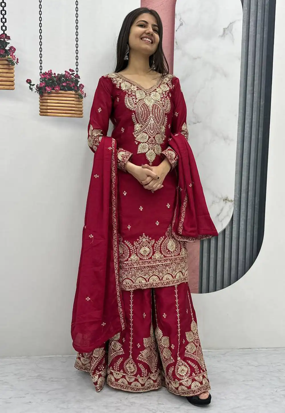 Magenta Chinon Readymade Palazzo Suit 328904