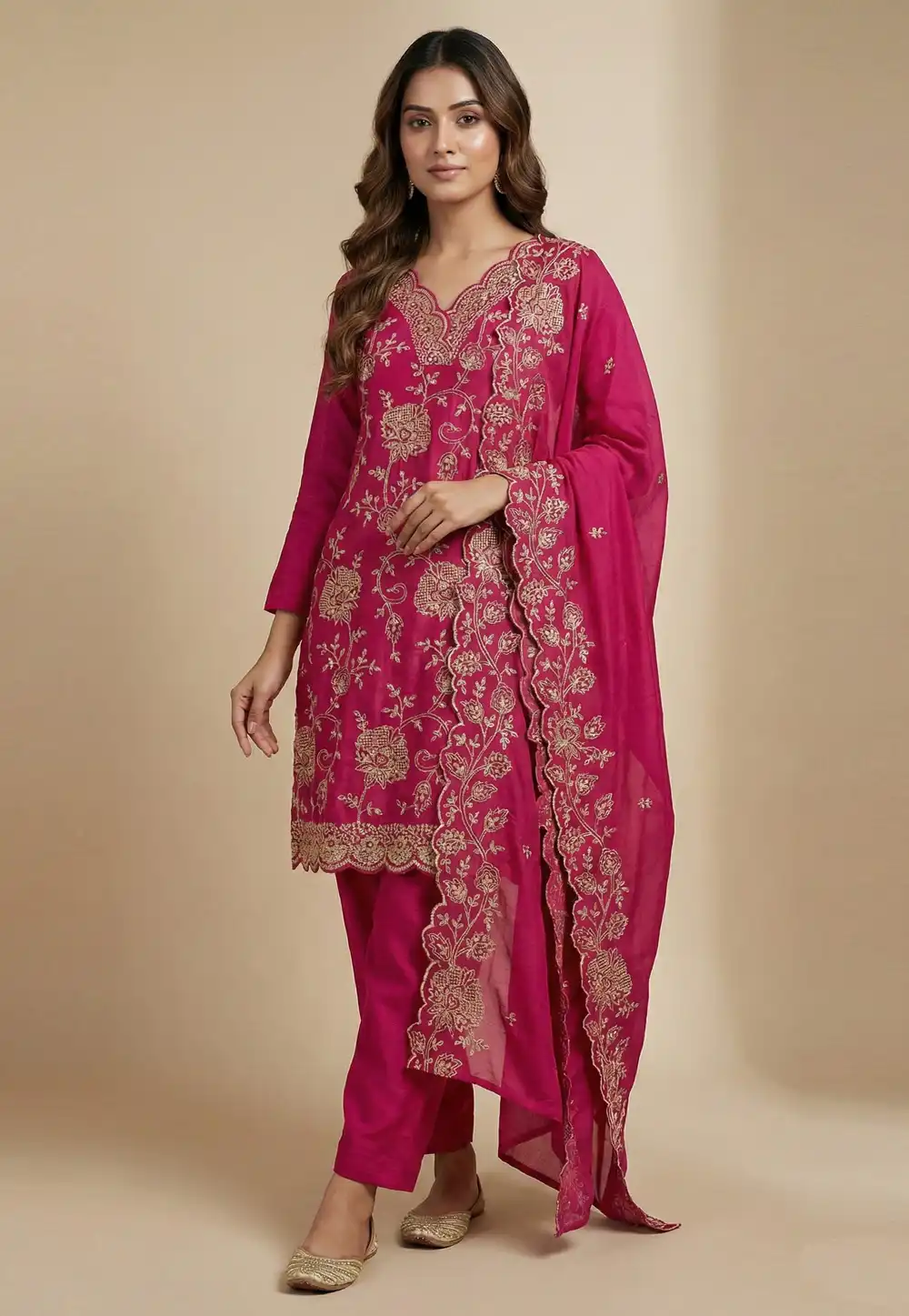 Magenta Chinon Readymade Pant Style Suit 323864