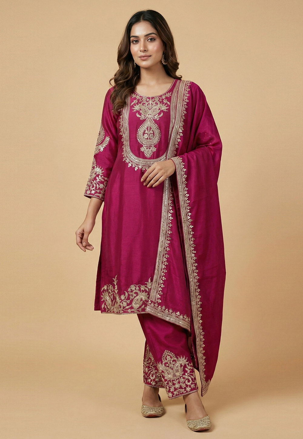 Magenta Chinon Readymade Pant Style Suit 323874