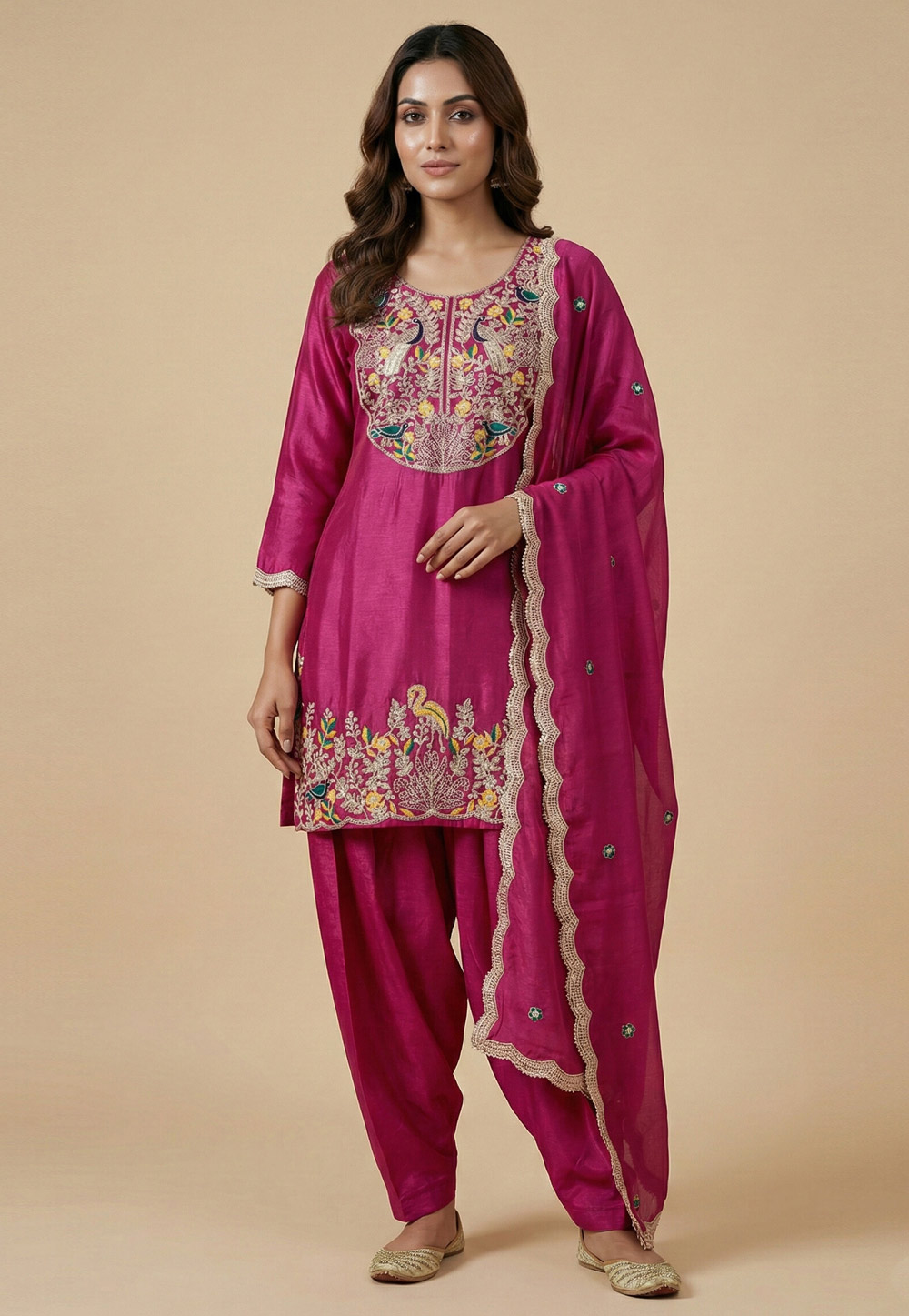 Magenta Chinon Readymade Punjabi Suit 323890
