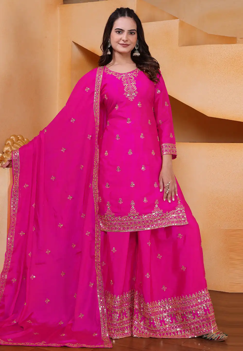 Magenta Chinon Readymade Sharara Suit 322784