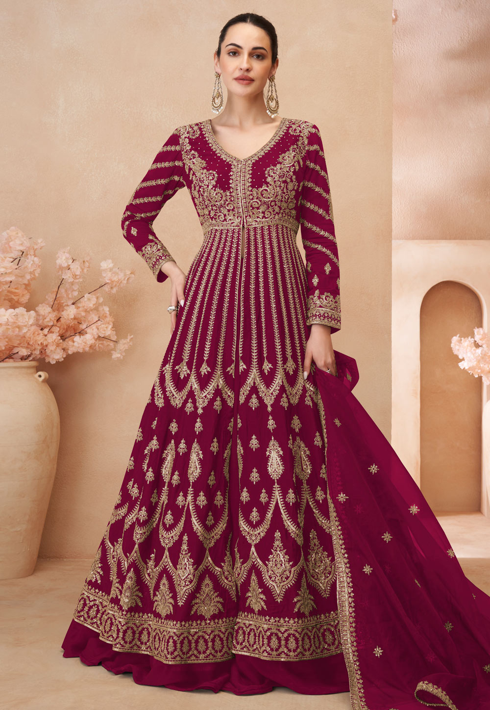 Magenta Chinon Silk Floor Length Anarkali Suit 307876