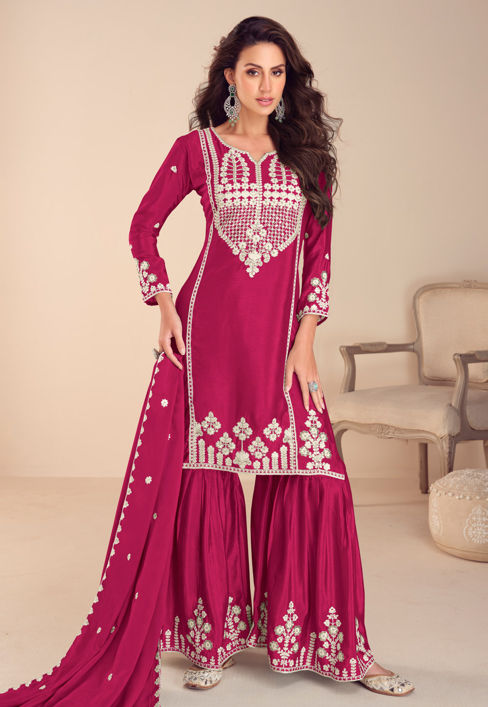Magenta Chinon Silk Gharara Suit 308307