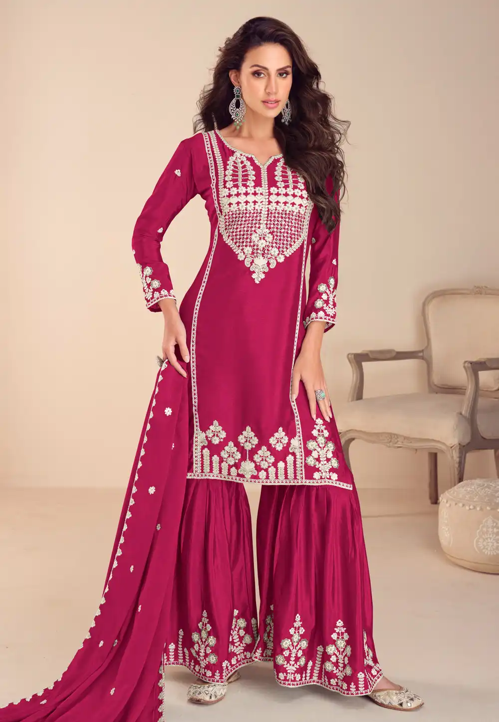 Magenta Chinon Silk Gharara Suit 308307