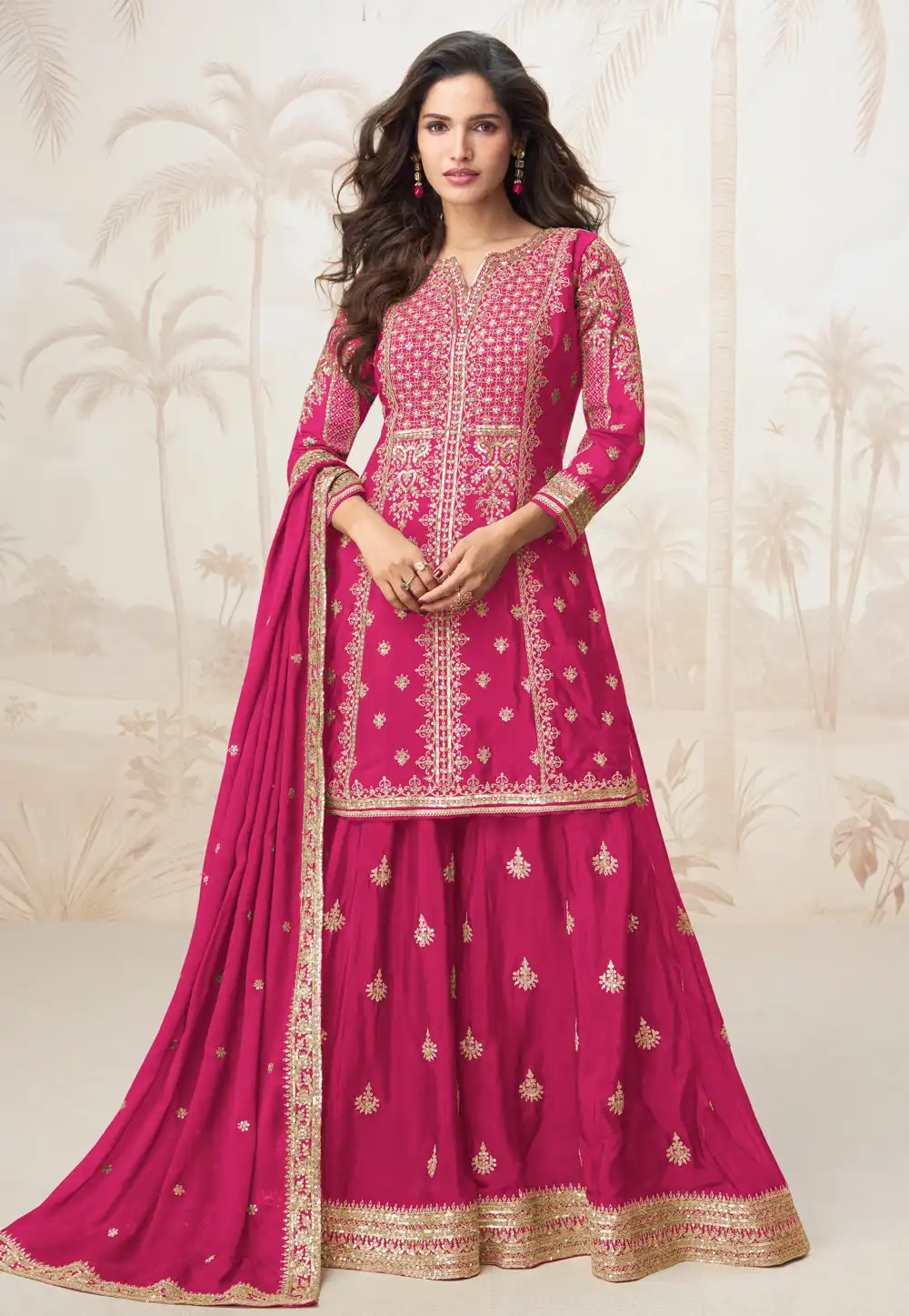 Magenta Chinon Silk Pakistani Suit 313474