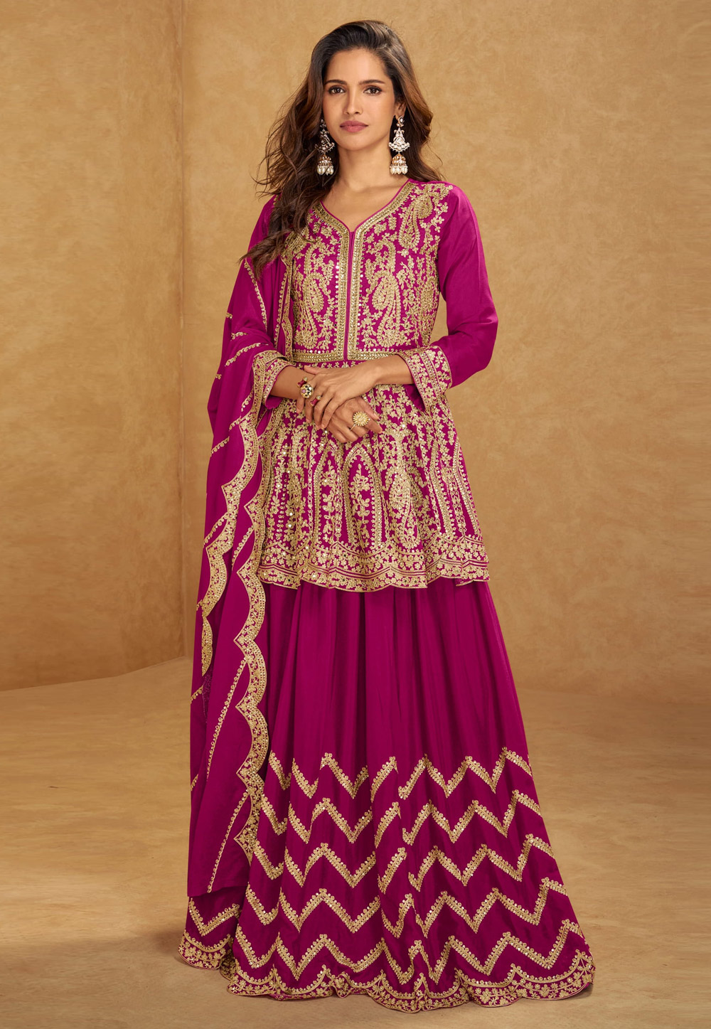 Magenta Chinon Silk Long Choli Lehenga 308438