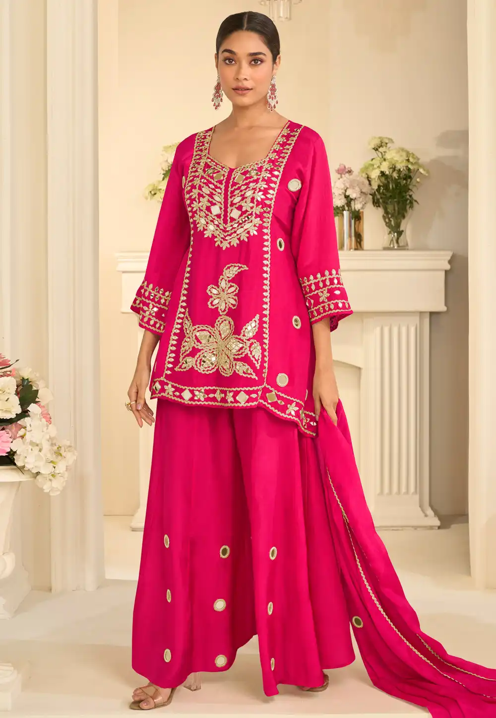 Magenta Chinon Silk Palazzo Suit 325969