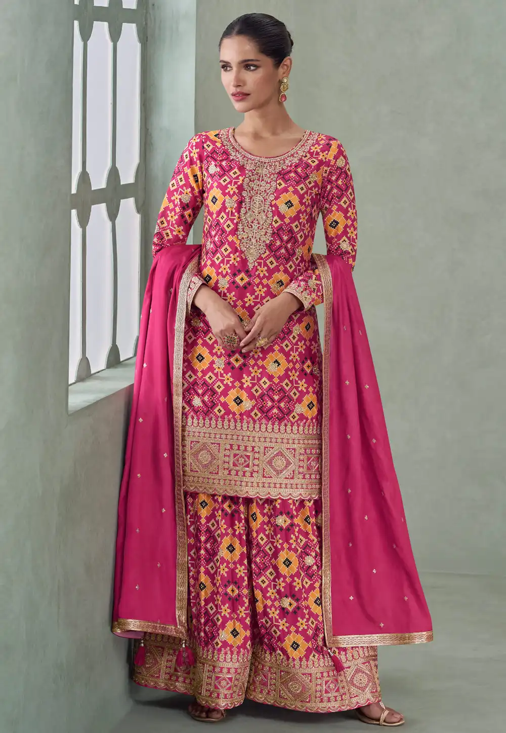 Magenta Chinon Silk Palazzo Suit 315496