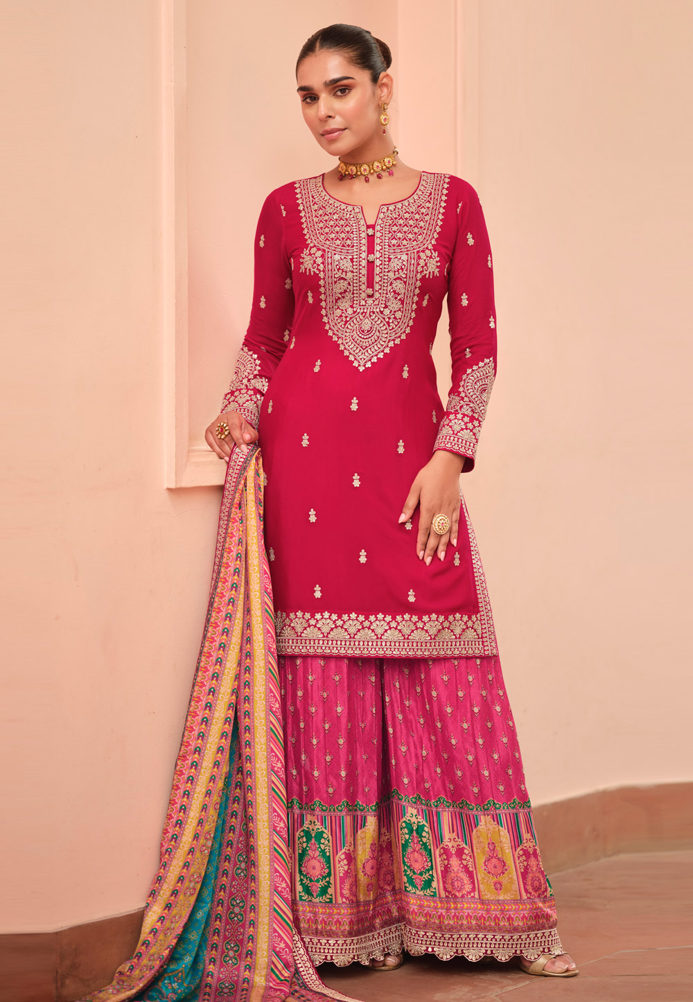Magenta Chinon Silk Palazzo Suit 324225