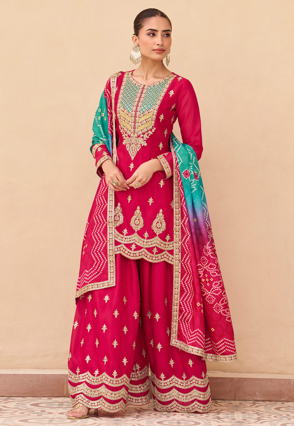 Magenta Chinon Silk Palazzo Suit 319241