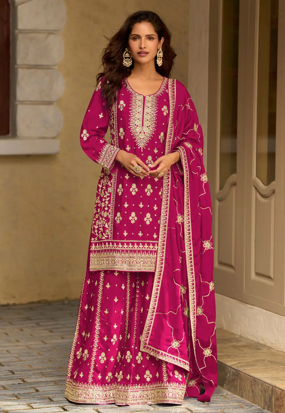 Magenta Chinon Silk Palazzo Suit 333561
