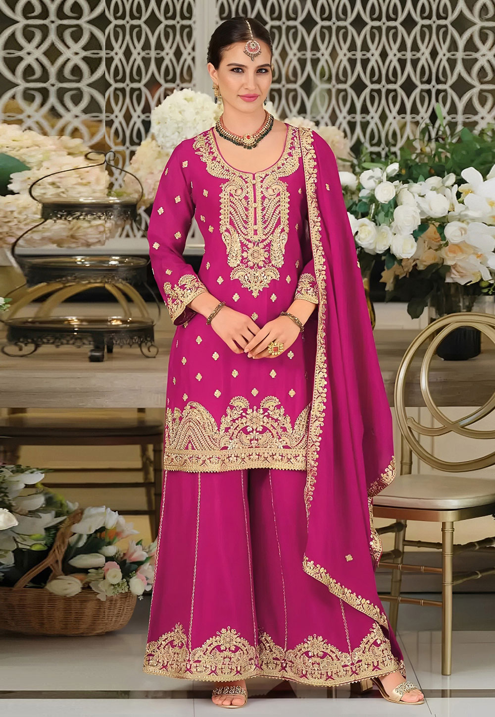 Magenta Chinon Silk Palazzo Suit 330382