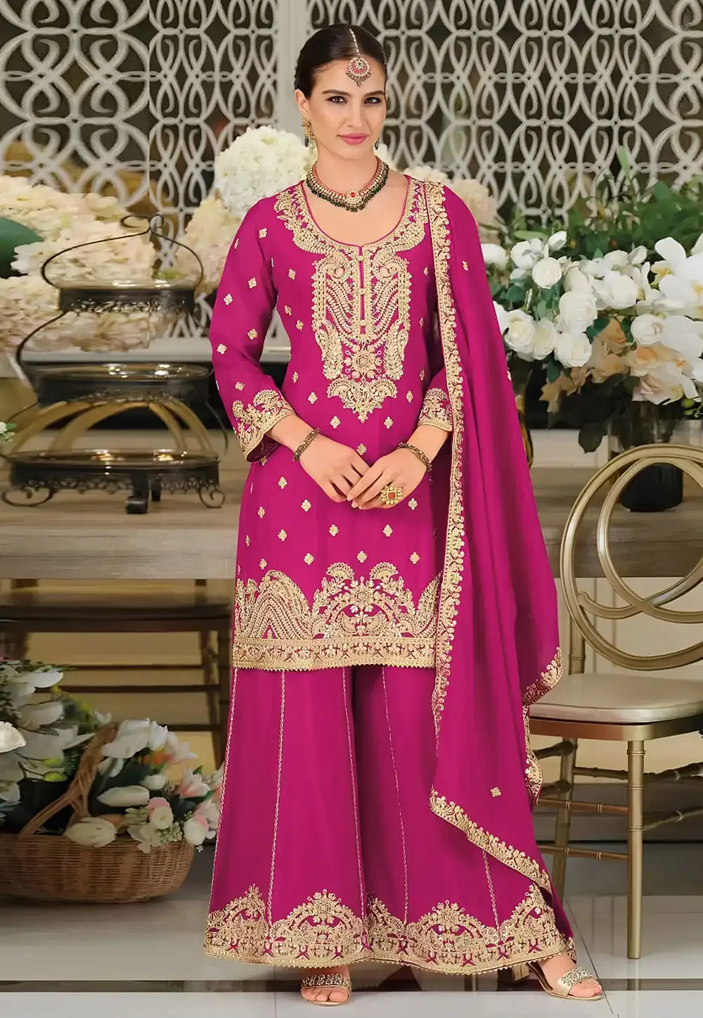 Magenta Chinon Silk Palazzo Suit 330382