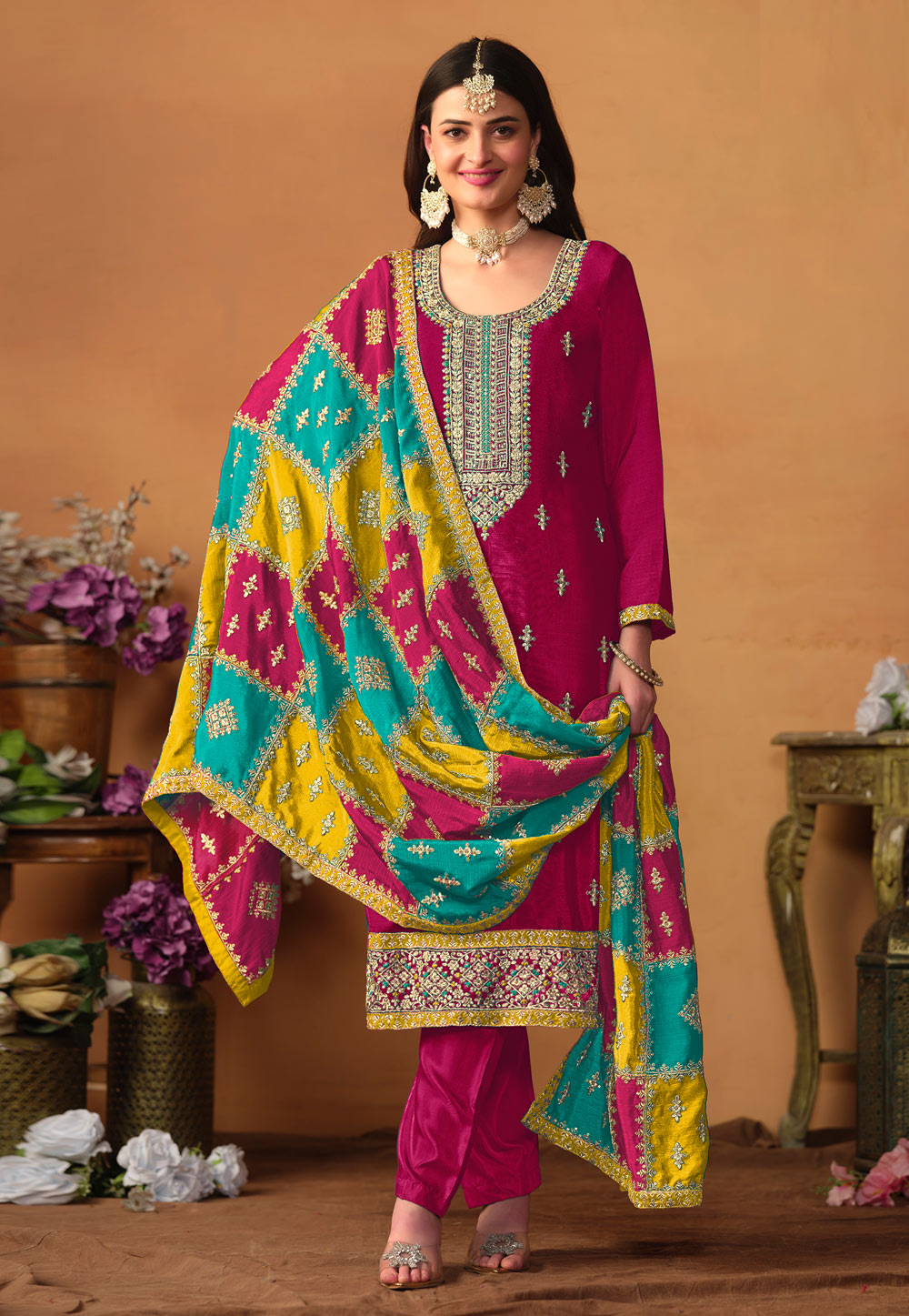Magenta Chinon Silk Pant Style Suit 285881