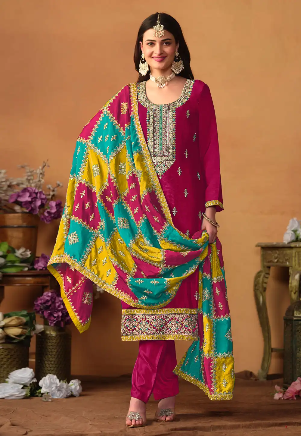 Magenta Chinon Silk Pant Style Suit 285881