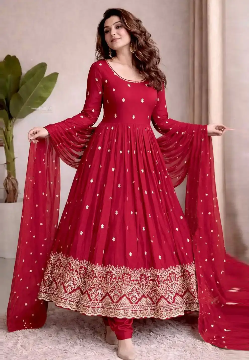 Magenta Chinon Silk Readymade Anarkali Suit 327501