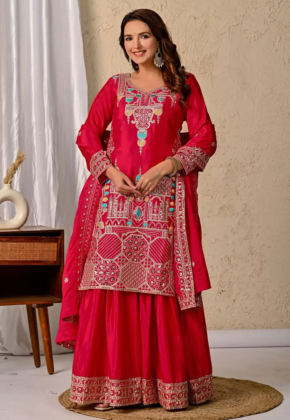 Magenta Chinon Silk Readymade Gharara Suit 313874