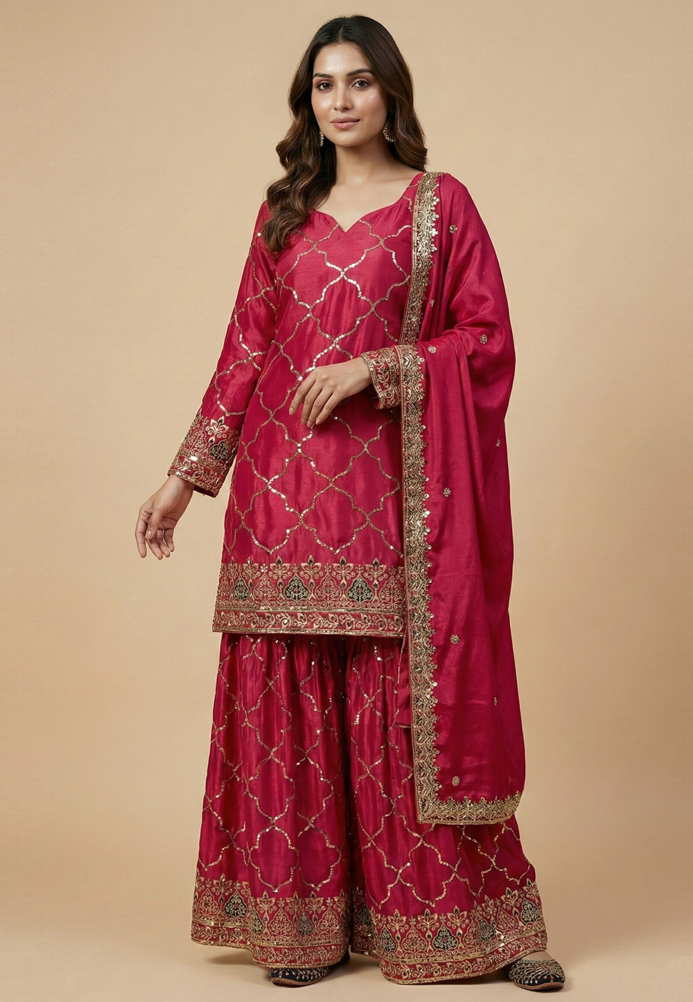 Magenta Chinon Silk Readymade Gharara Suit 323273