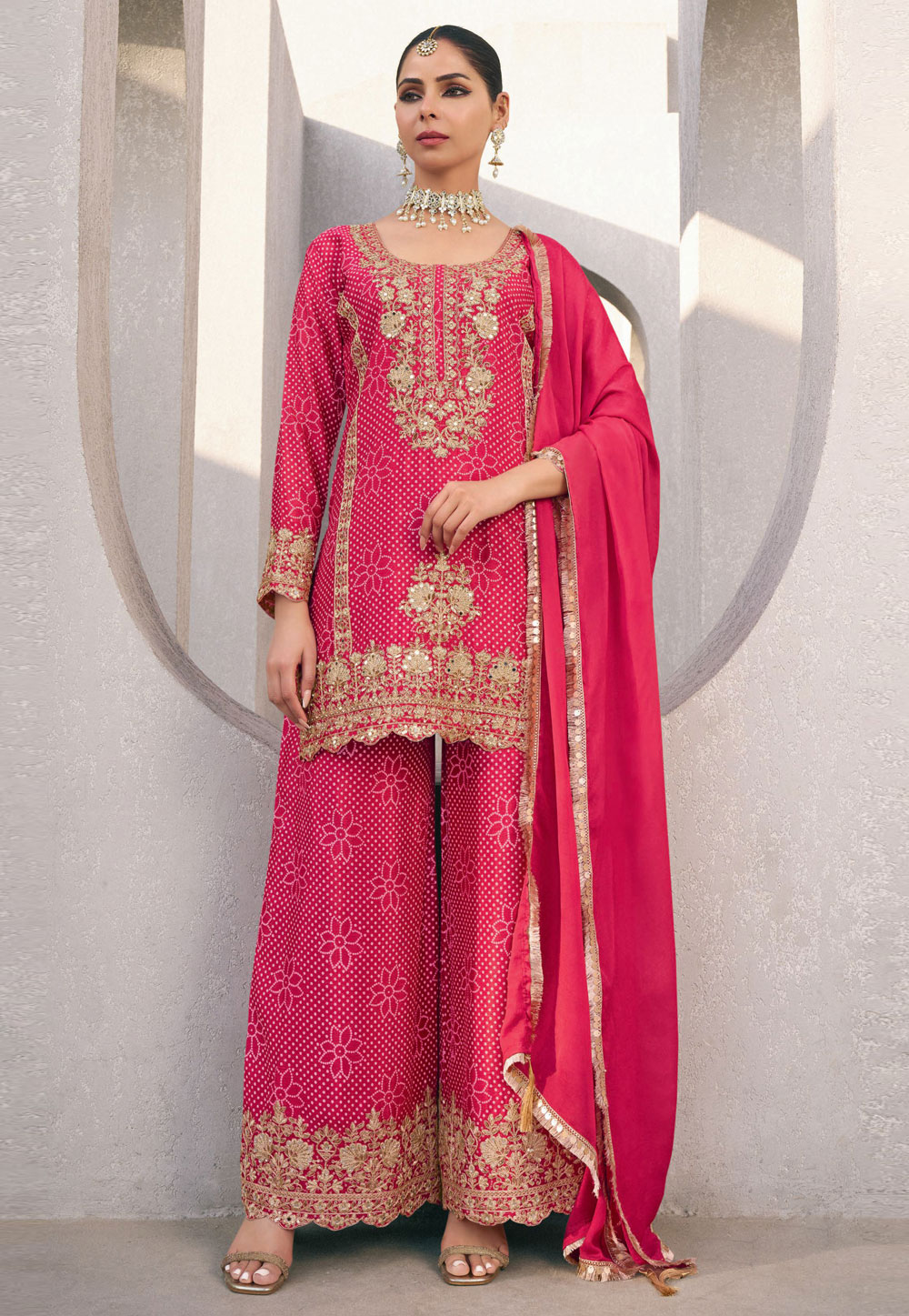 Magenta Chinon Silk Readymade Palazzo Suit 307135