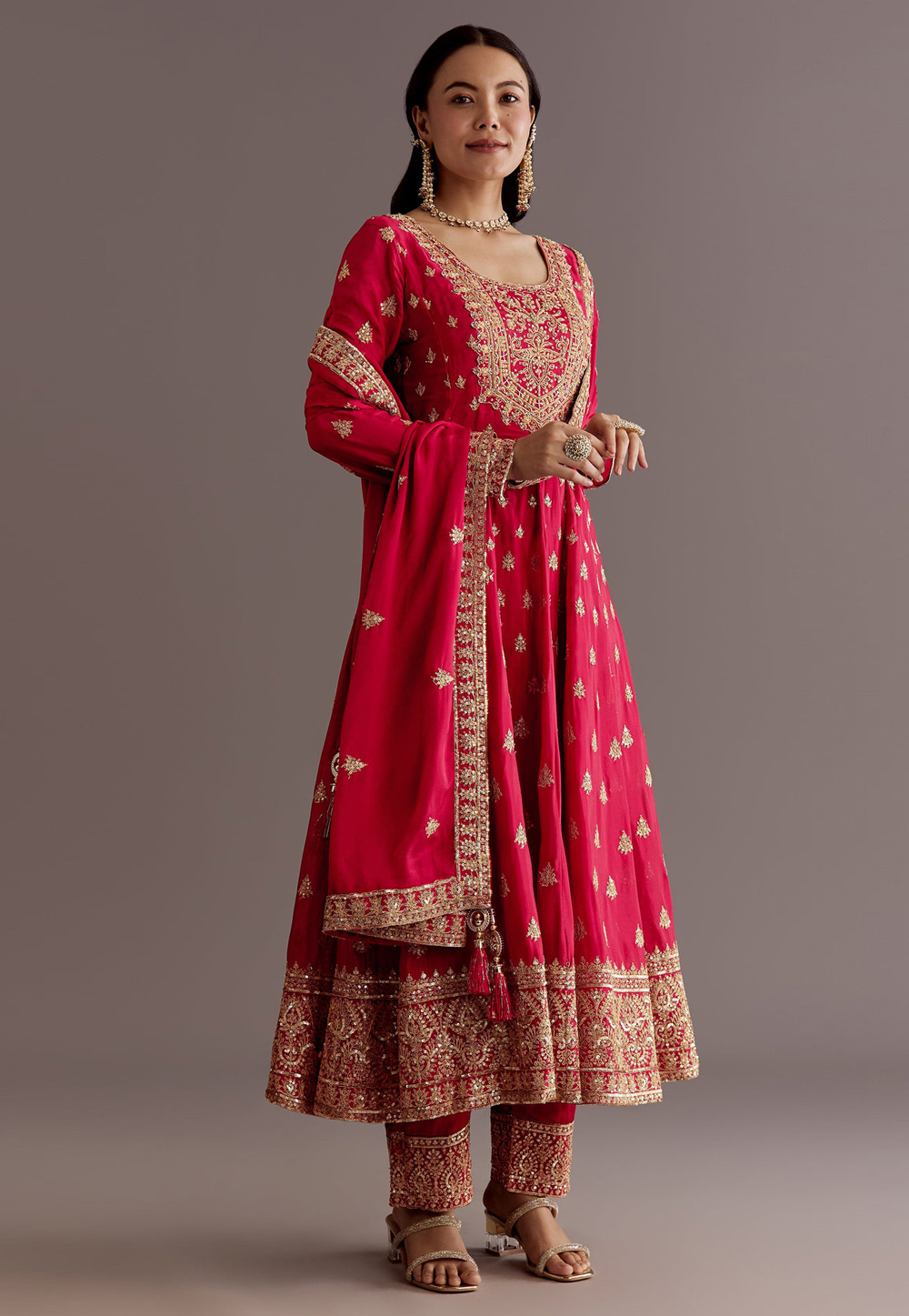 Magenta Chinon Silk Readymade Pant Style Suit 325540