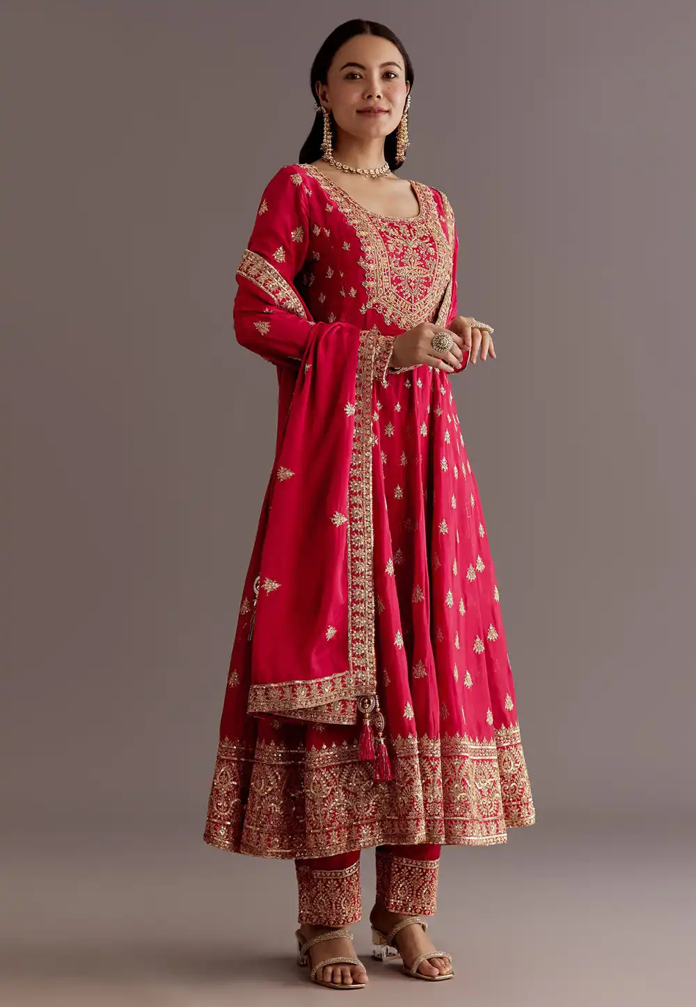 Red Chinon Silk Readymade Pant Style Suit 325540