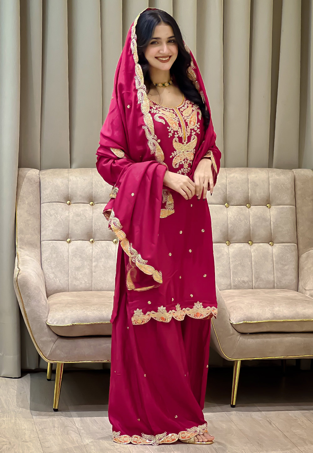 Magenta Chinon Silk Readymade Sharara Suit 322622