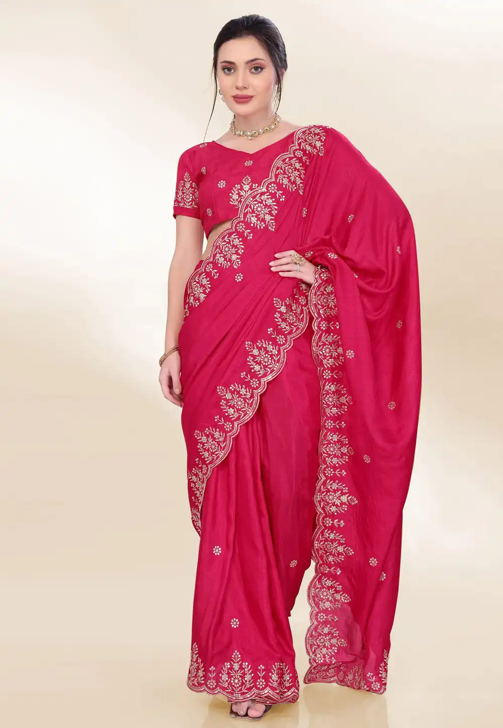 Magenta Chinon Silk Saree With Blouse 305693
