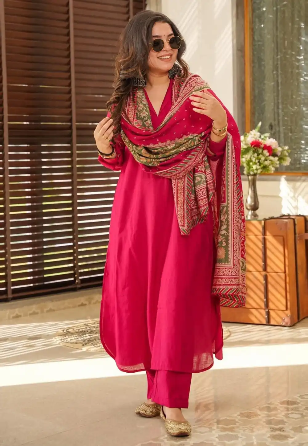 Magenta Cotton Readymade Pant Style Suit 312703