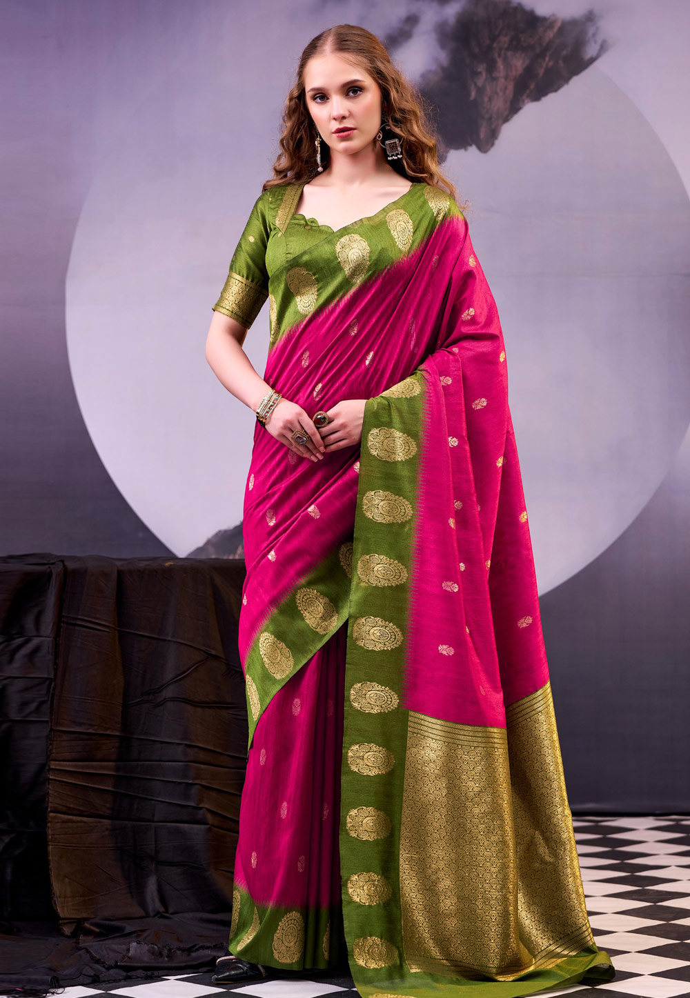 Magenta Cotton Saree With Blouse 328838