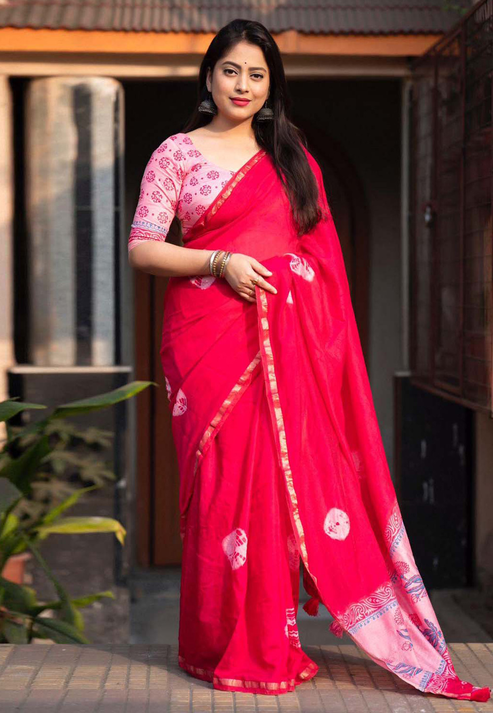 Magenta Cotton Saree With Blouse 285903
