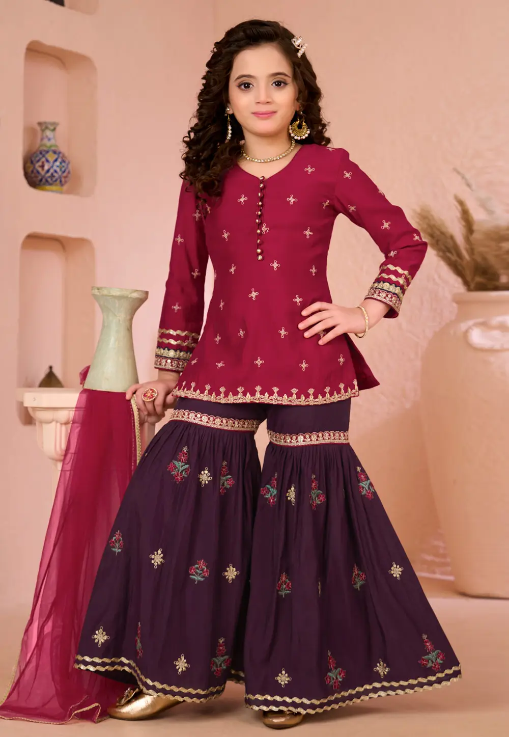 Magenta Cotton Silk Kids Sharara Suit 334326